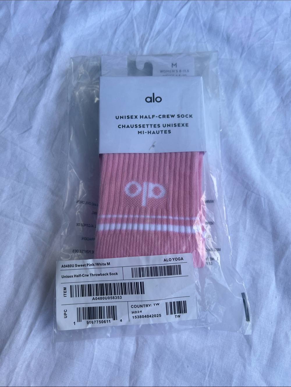 ALO Yoga Half-Crew Athletic Sock in Sweet Pink and White